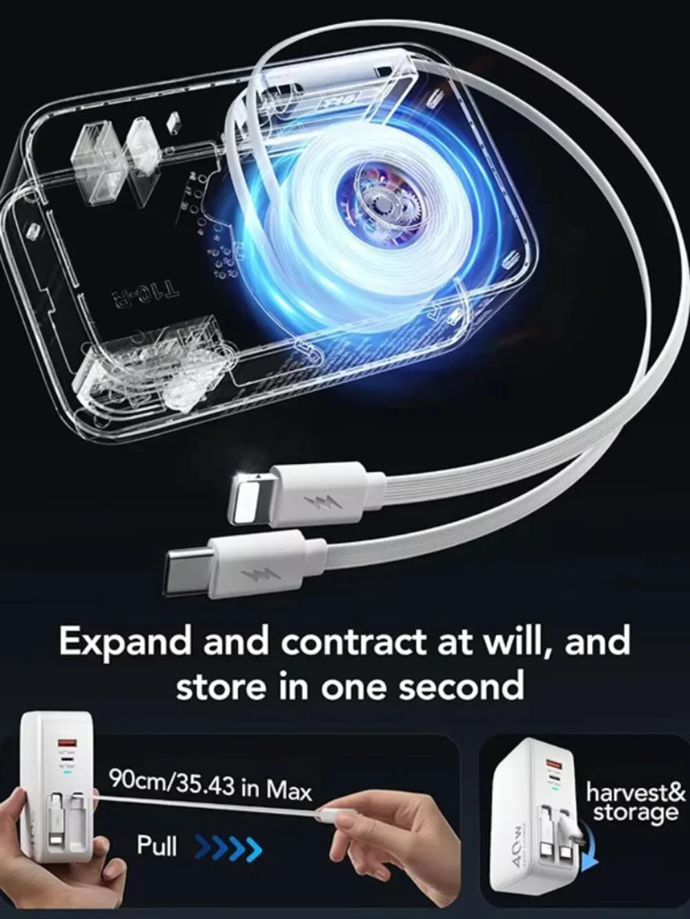 Retractable 40W USB C Fast Charger Wall Plug with Built-in 90cm/35.5in Type C